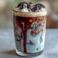 Creamy Cookies and Cream Cold Brew with chocolate cookie crumbles and whipped cream, served in a tall glass over ice.