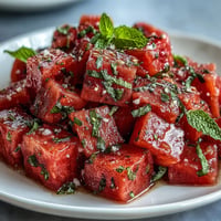 Vibrant watermelon chili lime salad with mint, bursting with refreshing, spicy, citrusy flavors.