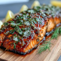 Cedar plank salmon with maple Dijon glaze, grilled to perfection.